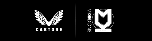 Castore logo paired with the MK Dons crest on a black backdrop announcing a partnership.