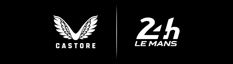 Castore and 24h Le Mans logos divided by a vertical line on a black background.