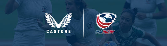 Banner showing Castore and USA Rugby logos with players in action on a blue teal background.