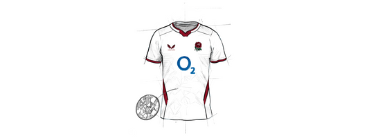 Concept drawing of an England rugby jersey with red trim and O2 sponsor beside a geometric ball.