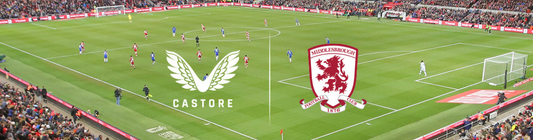 Stadium football pitch with Castore and Middlesbrough logos overlaid on the field.