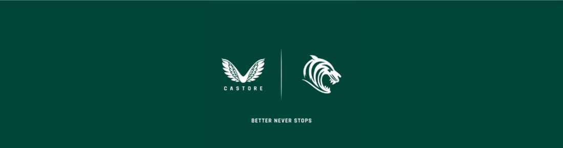 Castore Leicester Tigers partnership banner on a dark green background with logos and Better Never Stops text