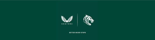 Castore Leicester Tigers partnership banner on a dark green background with logos and Better Never Stops text