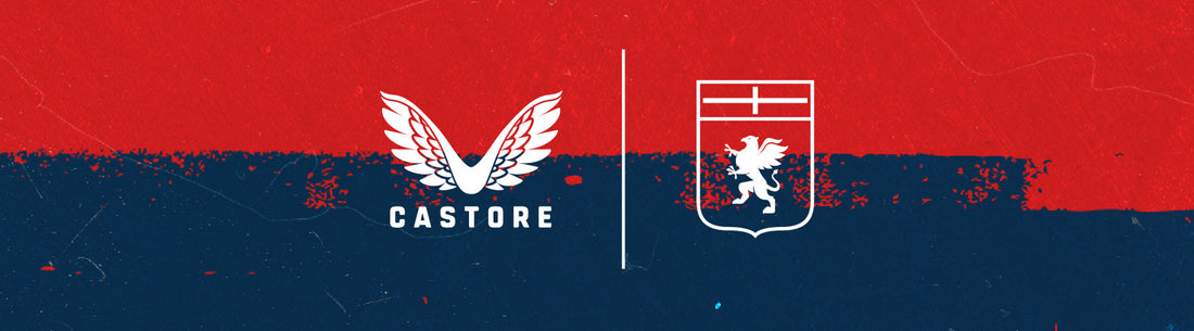 Castore and Genoa CFC multi-year kit partnership banner showing the winged Castore logo and the Genoa crest on a red backdrop.