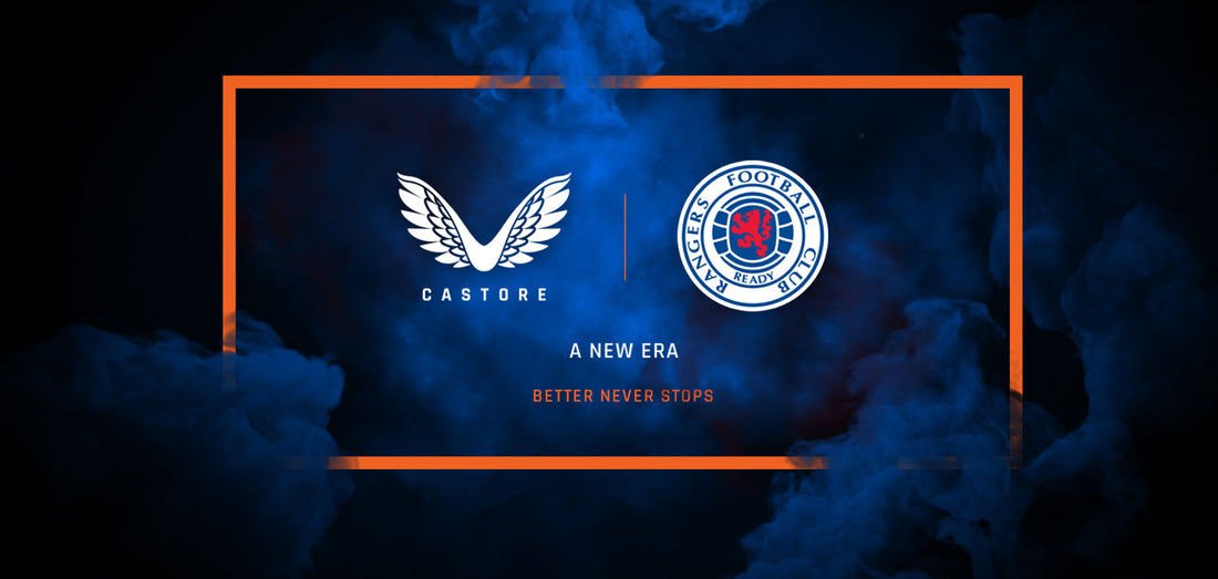 Castore winged logo and Rangers crest framed by an orange border over a blue smoky background.