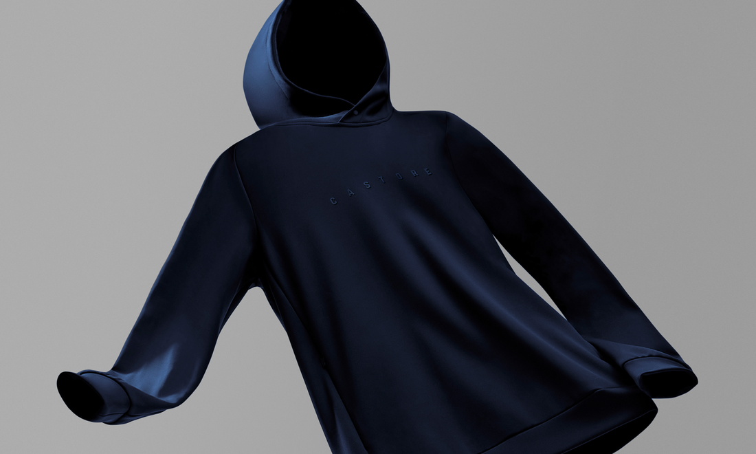 Back view of a navy Garcia collection hoodie floating against a gray gradient backdrop