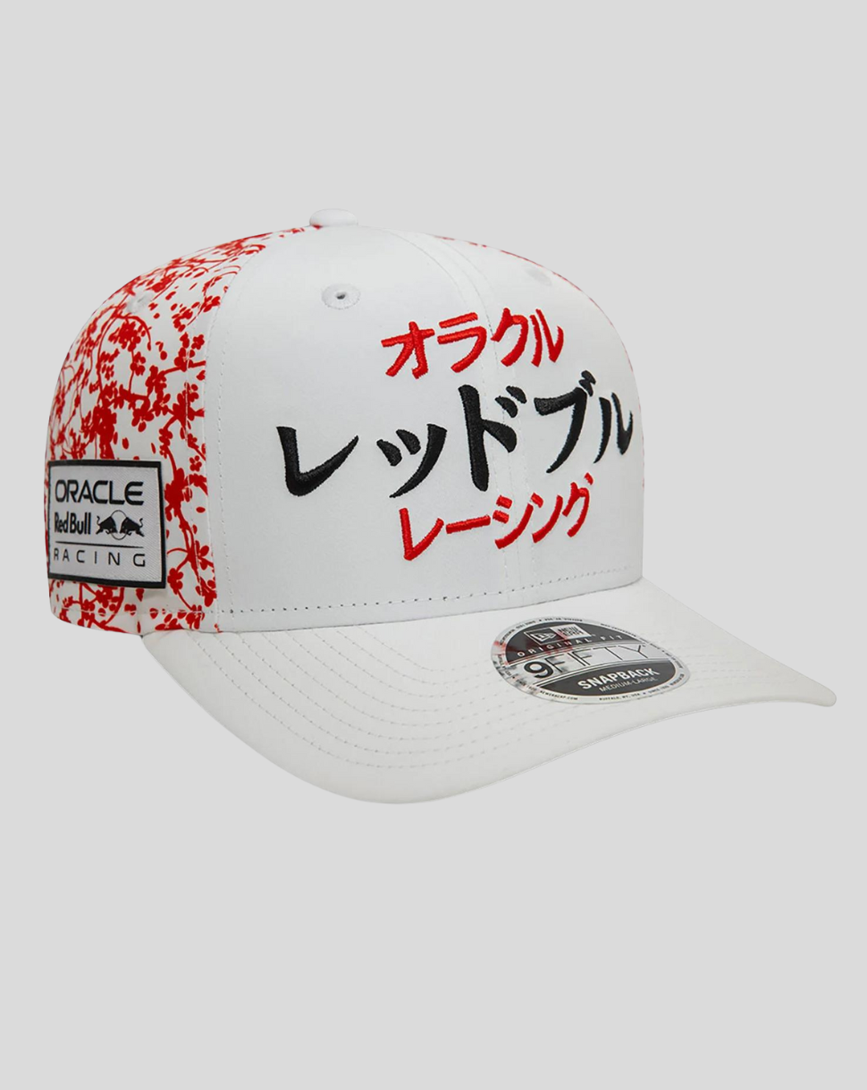White Red Bull Racing 9FIFTY cap with Japanese script on the front blossom pattern on mid and rear panels and a logo patch on the side