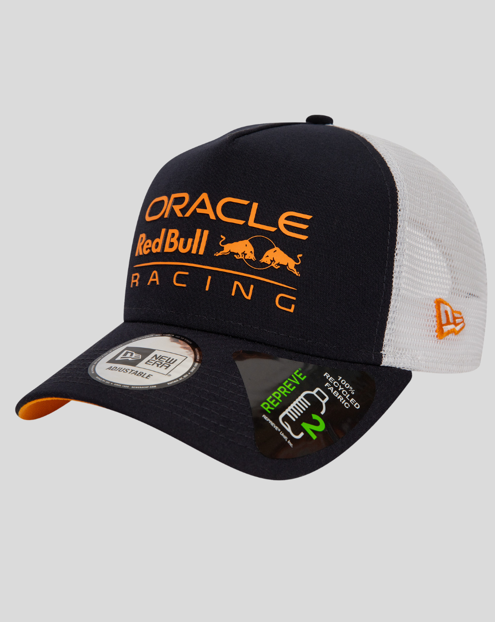 Front view of navy and white mesh trucker hat with orange Oracle Red Bull Racing logo on the front
