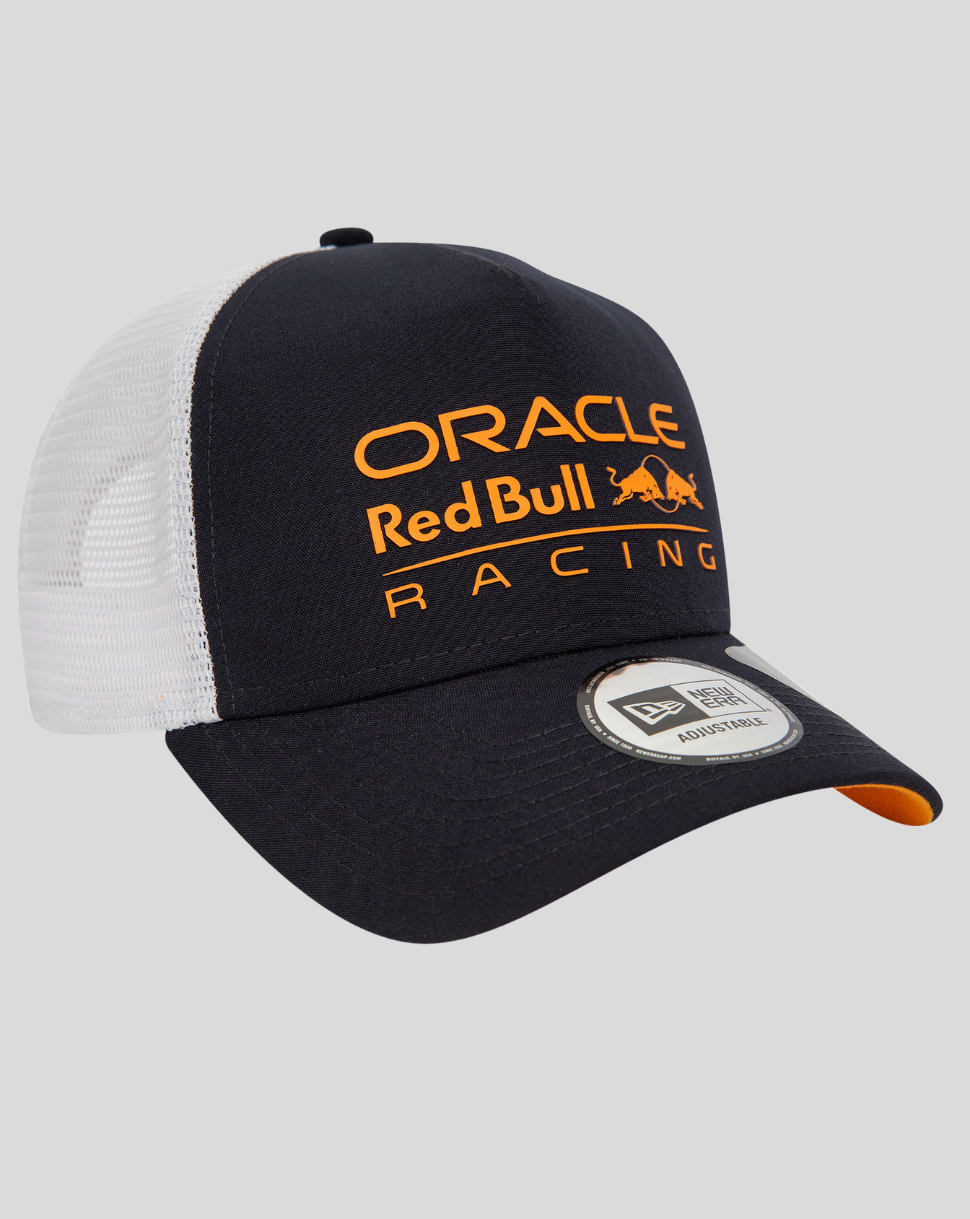 Navy blue and white mesh back E Frame trucker cap with orange Oracle Red Bull Racing logo