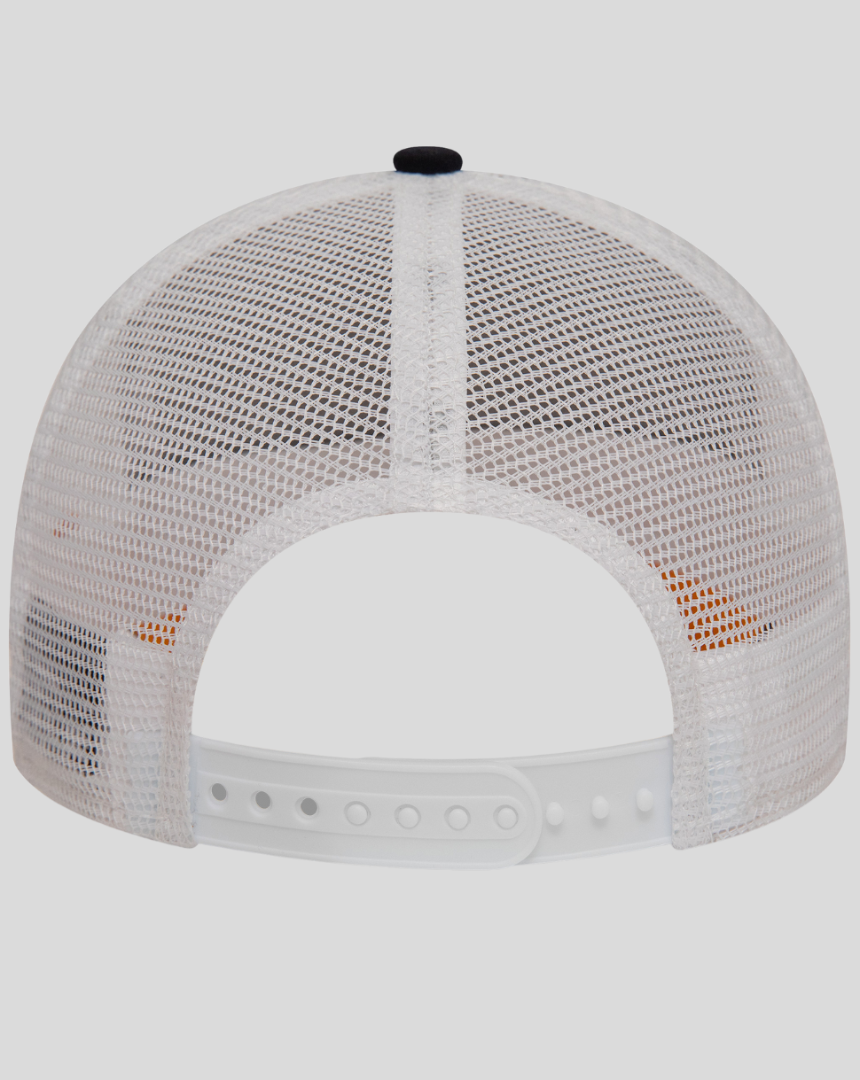Back view of Oracle Red Bull Racing Sustainble E Frame Trucker hat with white mesh and plastic snap closure