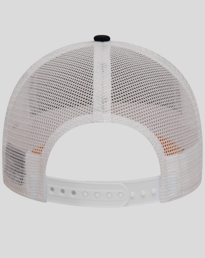 Back view of Oracle Red Bull Racing Sustainble E Frame Trucker hat with white mesh and plastic snap closure