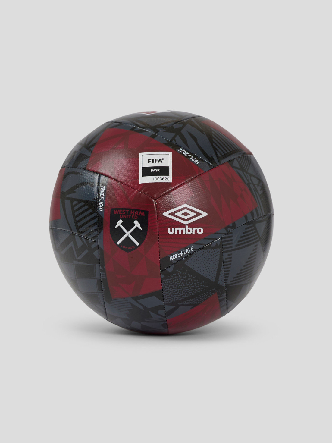West Ham United Neo Swerve Size 5 football in black with red and gray geometric panels