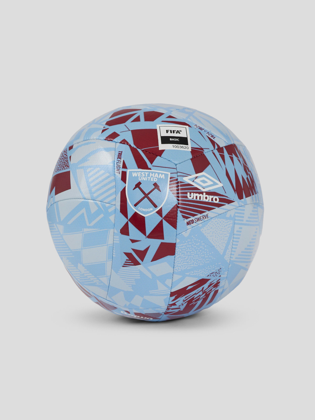 West Ham United Neo Swerve Size 5 football in light blue and maroon geometric pattern