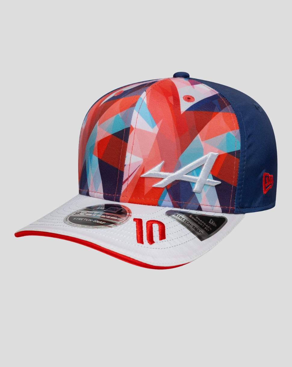 White cap with a colorful geometric crown on the front and Alpine branding on the side.