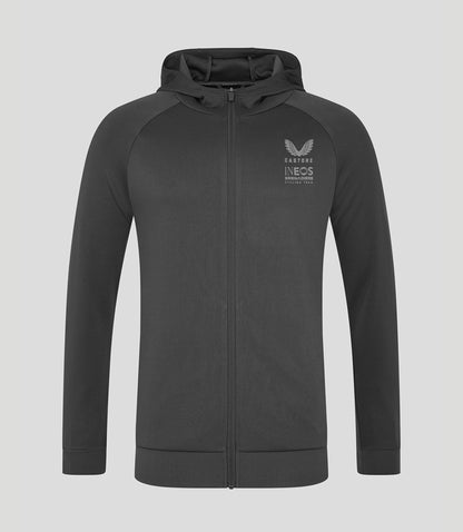 Grey unisex full-zip hoodie back view with hood up and vertical INEOS Grenadiers branding