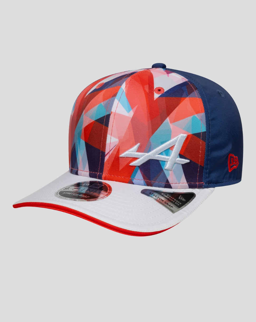New Era Alpine cap with multicolor geometric crown blue panels white brim and red edge.
