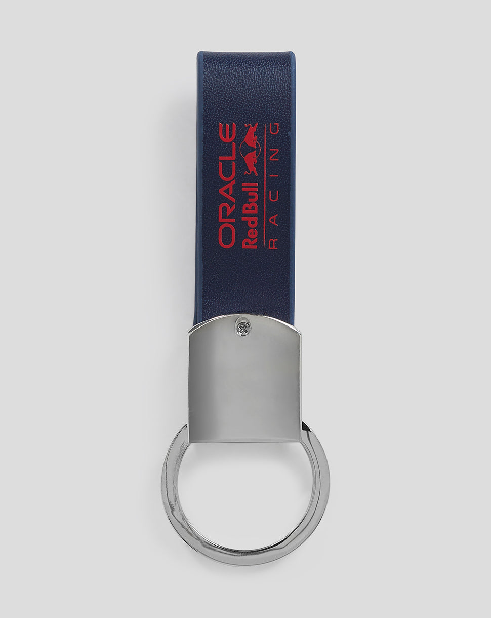 Navy leather strap keyring with clip and Red Bull Racing branding.