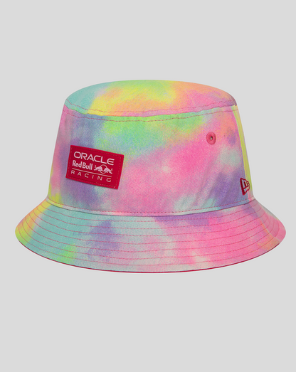 Colorful tie-dye denim bucket hat with Oracle Red Bull Racing patch on the front