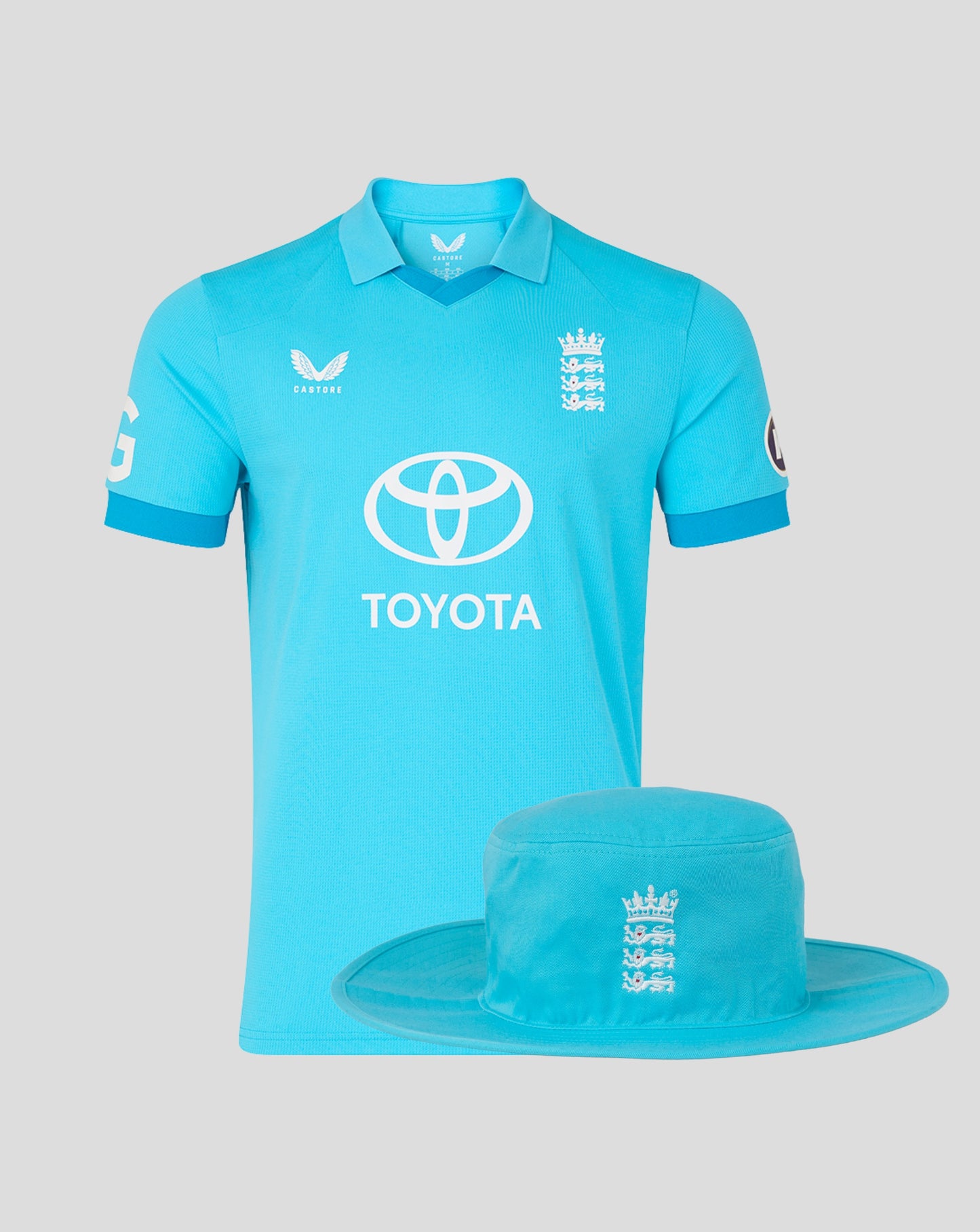 Men's England 26/27 ODI blue short sleeve shirt with Toyota logo and a matching blue brim hat displaying the England crest