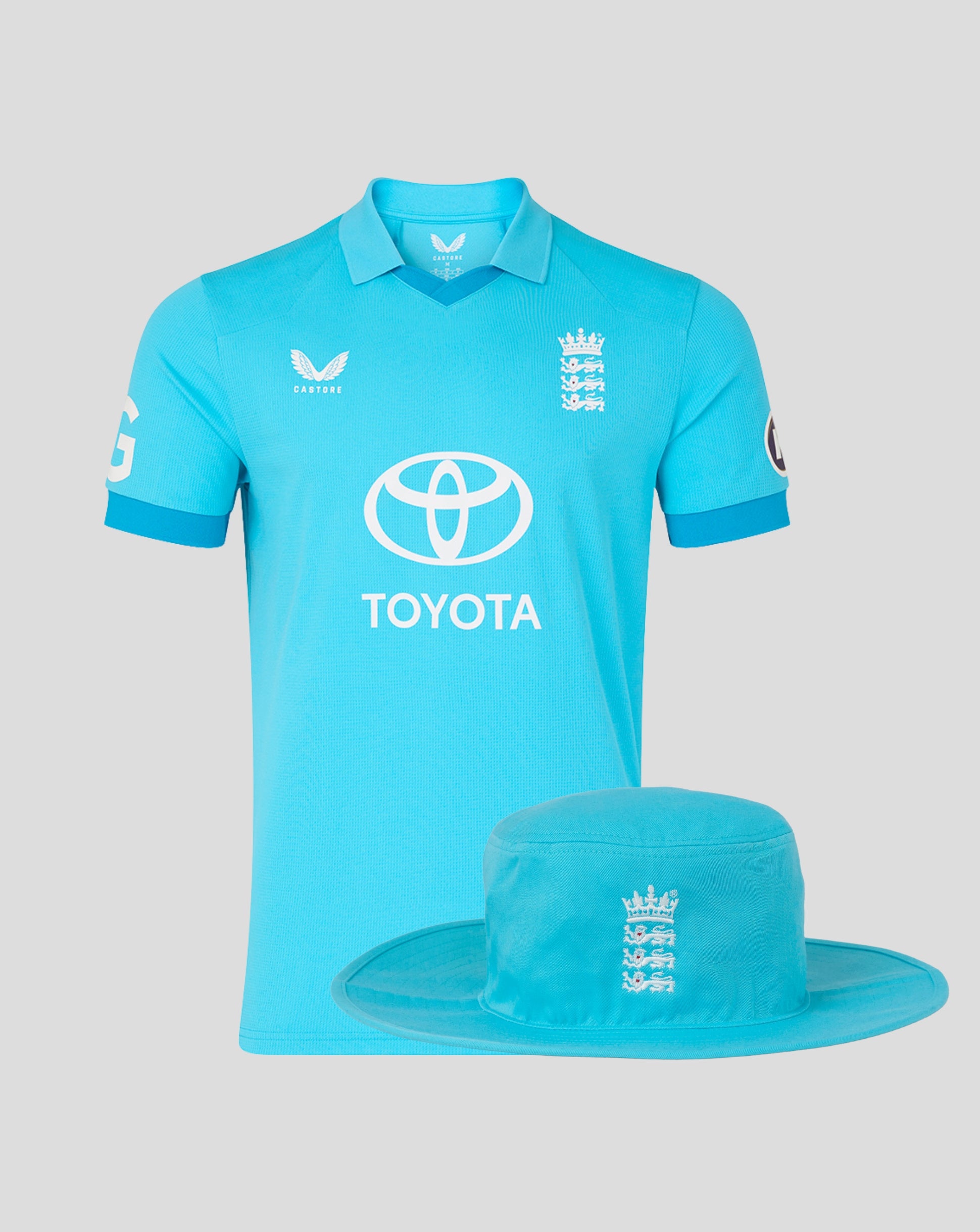 Men's England 26/27 ODI blue short sleeve shirt with Toyota logo and a matching blue brim hat displaying the England crest