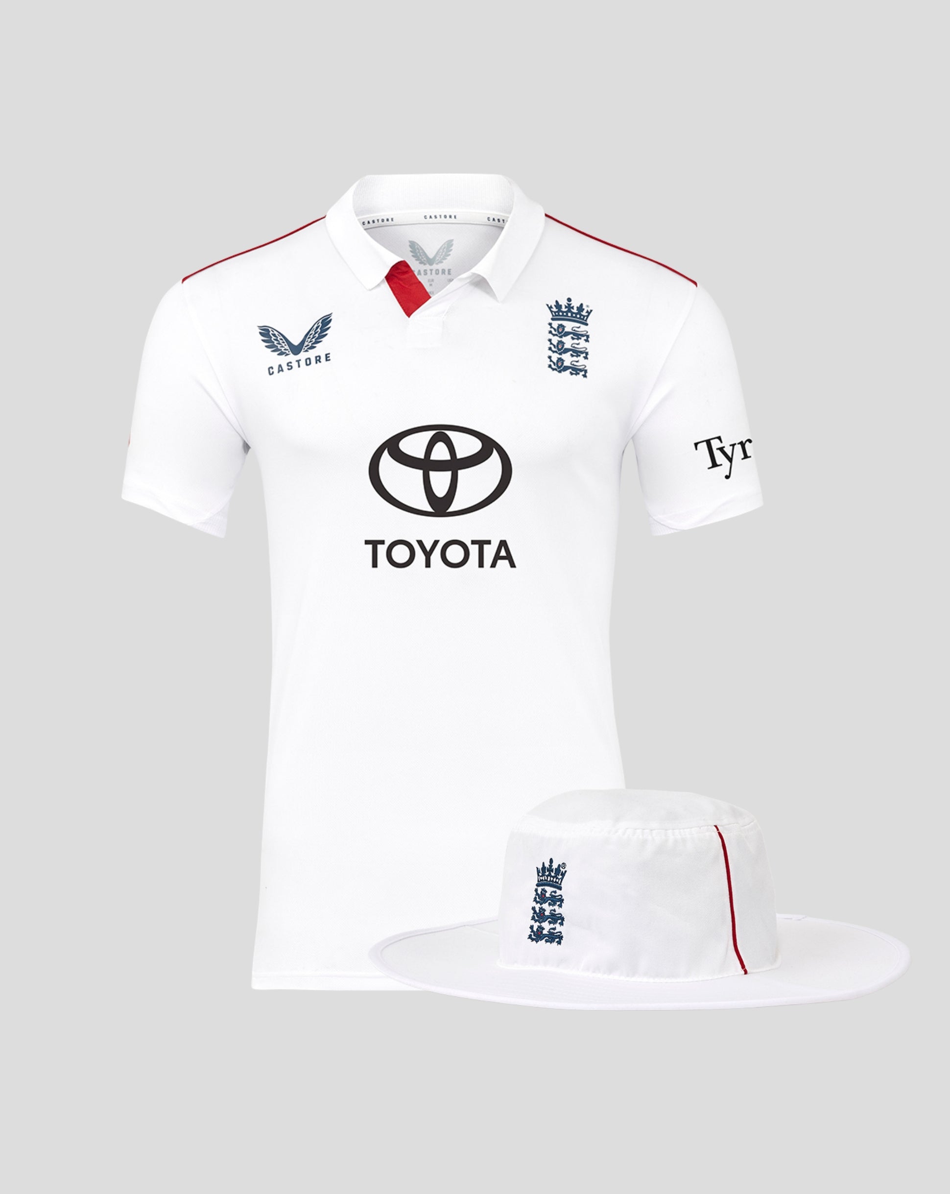 Mens 26/27 Test white short sleeve shirt with crest and Toyota logo, paired with a wide brim hat