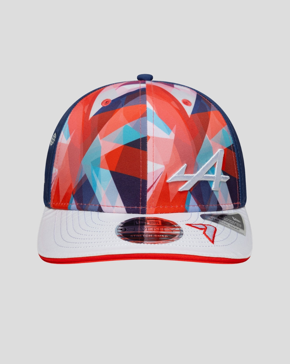 Front view of the New Era Alpine Silverstone cap with a multicolor geometric crown and white brim
