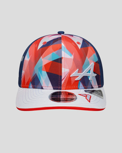 Front view of the New Era Alpine Silverstone cap with a multicolor geometric crown and white brim
