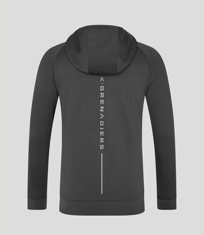 Back view of the grey INEOS Grenadiers full-zip hoodie showing vertical branding down the center back