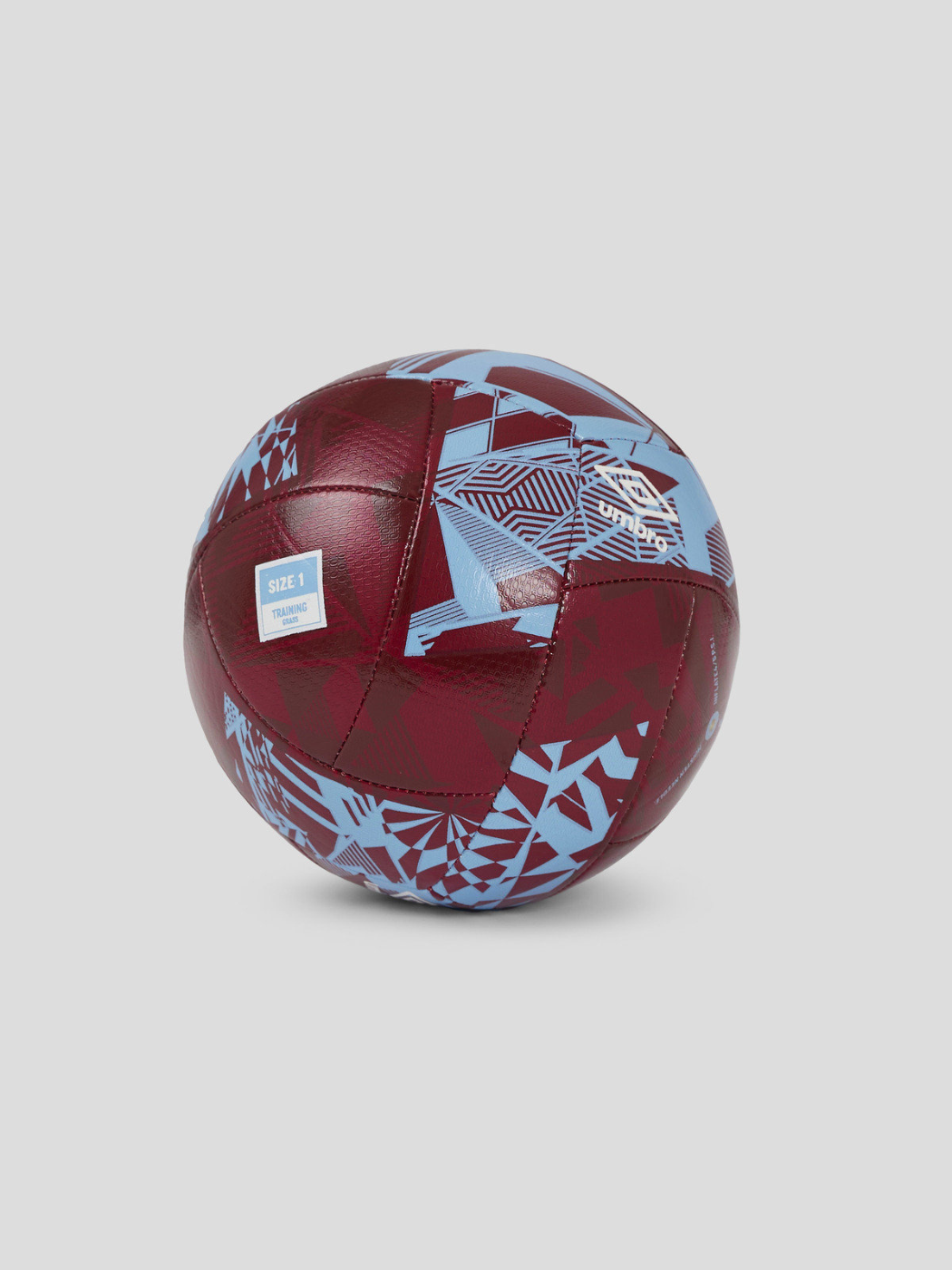 Close up of West Ham United Neo Swerve Mini size 1 ball in claret with blue graphic panels