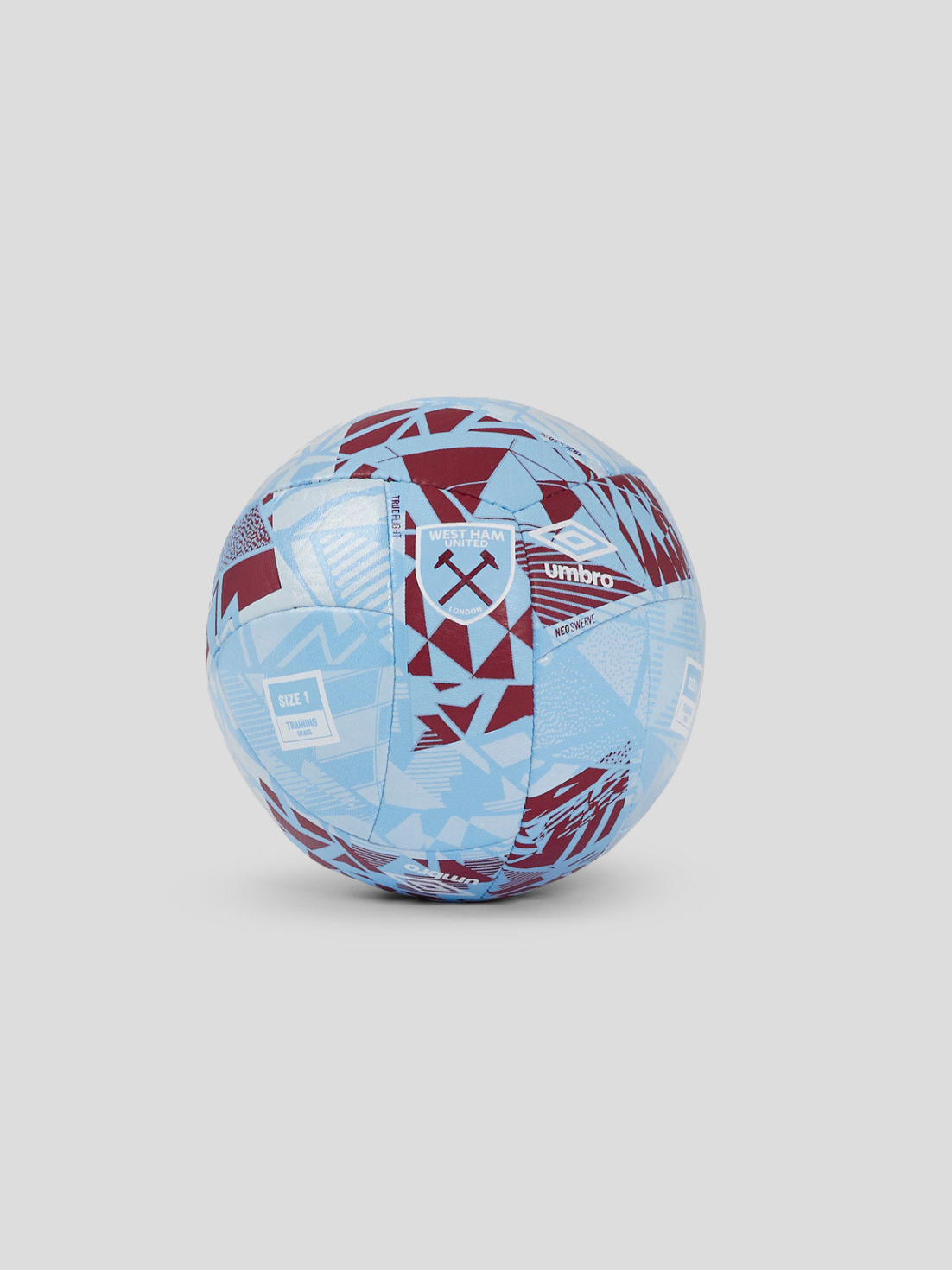 Blue geometric West Ham United Neo Swerve football showing crest and Umbro branding.