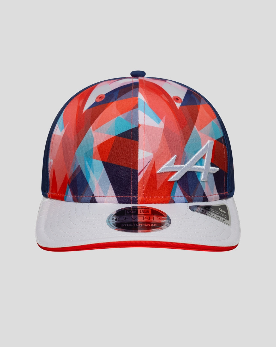 New Era Alpine Silverstone 9Seventy cap with multicolor geometric crown and white bill with red edge