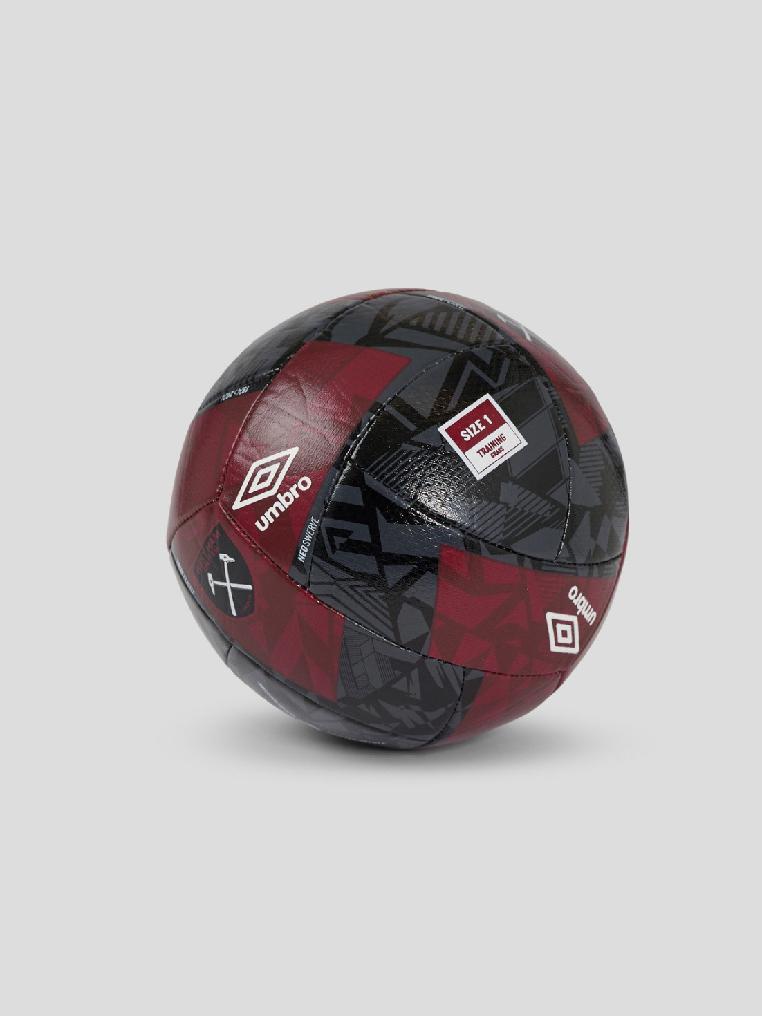 West Ham United Neo Swerve Mini Size 1 football in black and red patchwork with Umbro logo and a size tag