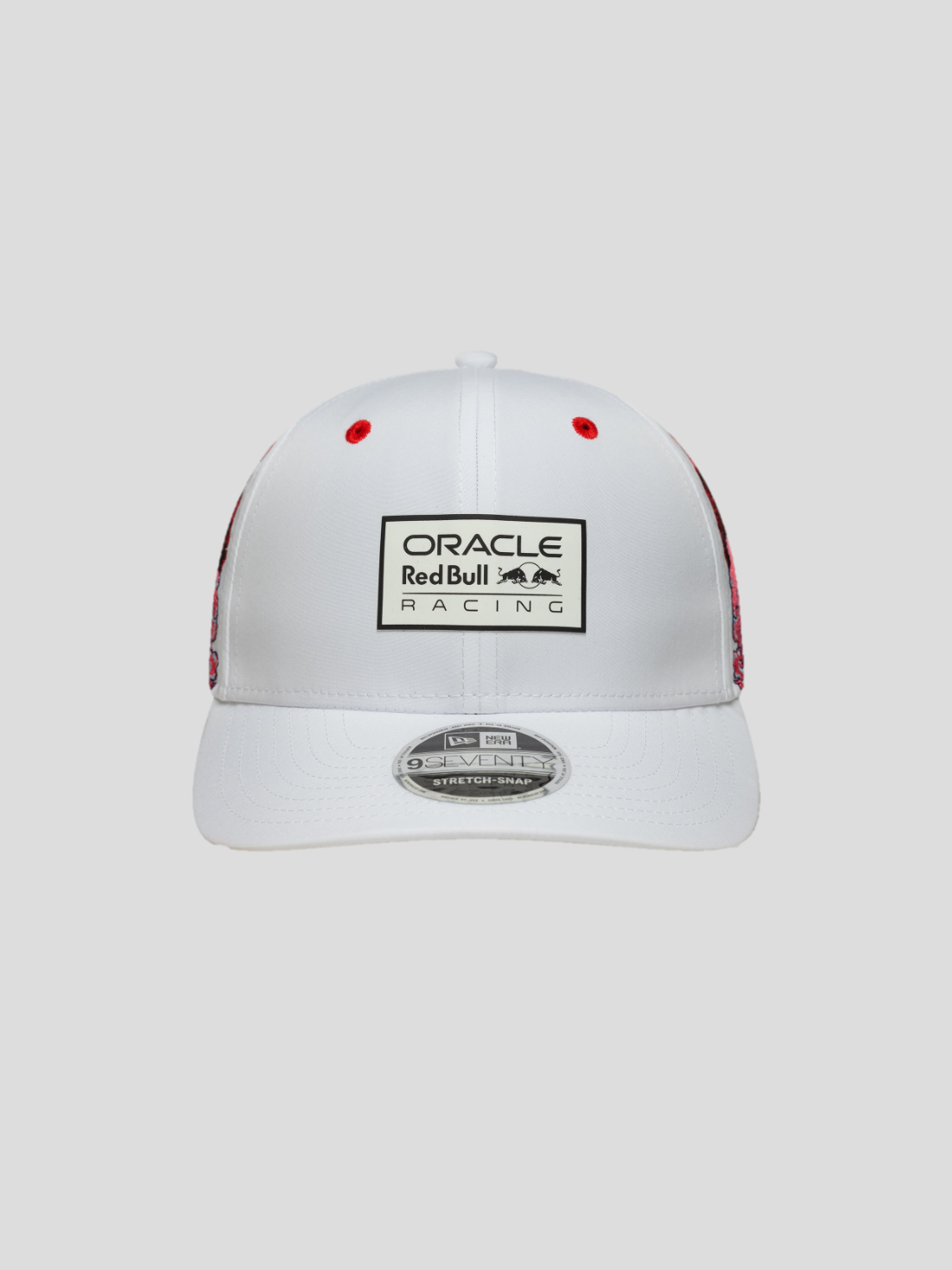 Front view of white New Era cap with Oracle Red Bull Racing badge on the crown