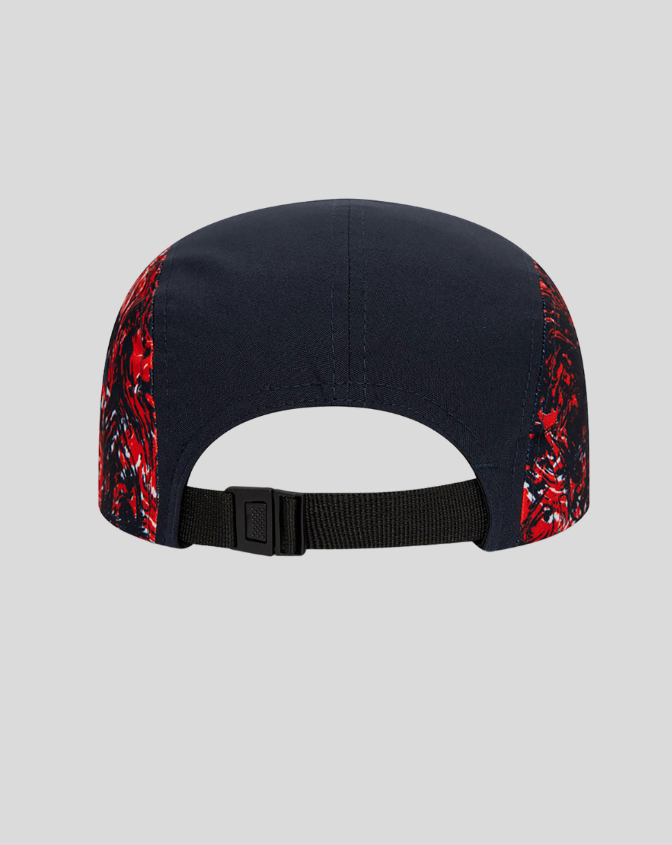Back view of a navy Oracle Red Bull Racing Print Camper cap with red graphic side panels and an adjustable strap