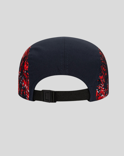 Back view of a navy Oracle Red Bull Racing Print Camper cap with red graphic side panels and an adjustable strap