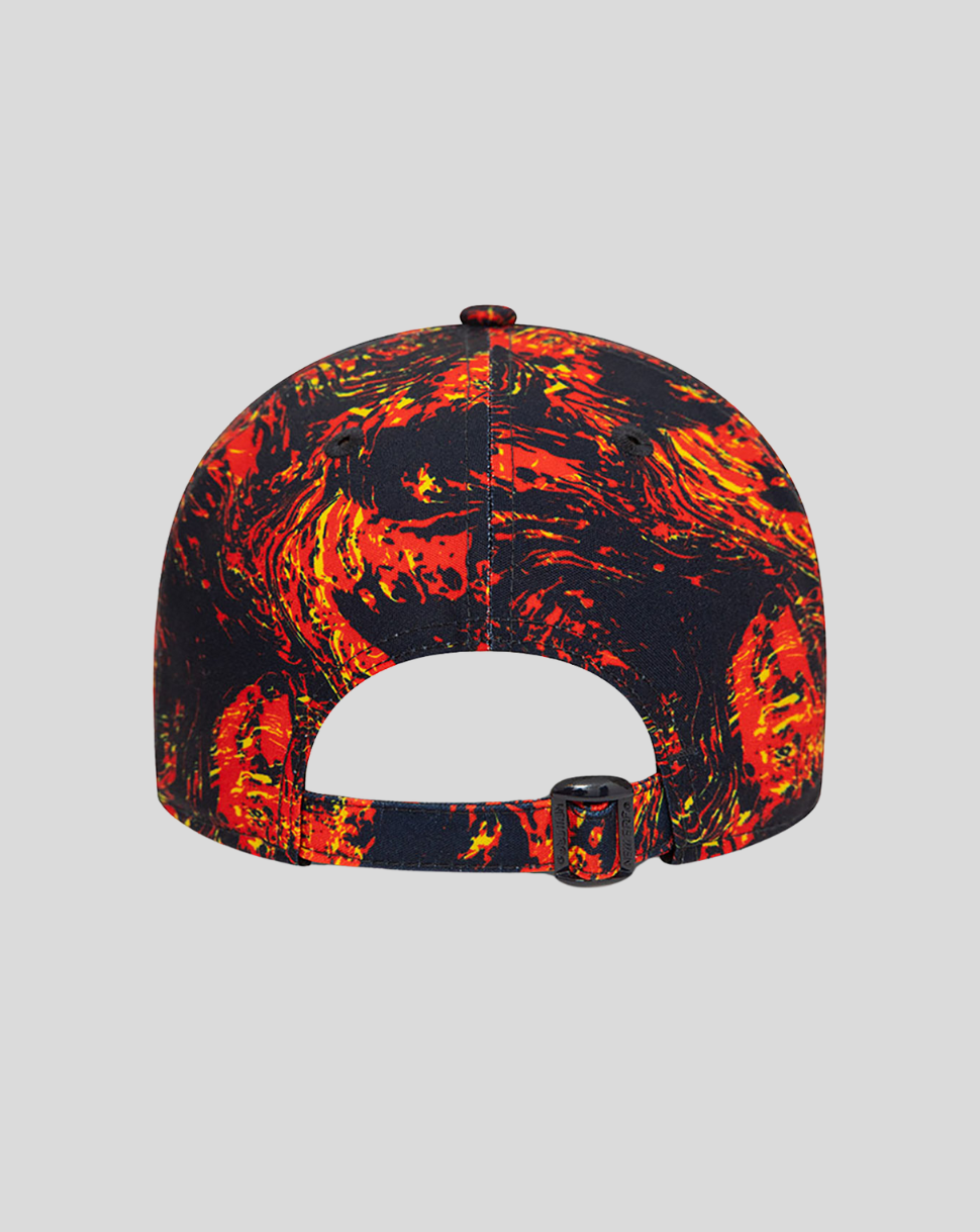 Back view of the fiery red and black print cap with adjustable strap