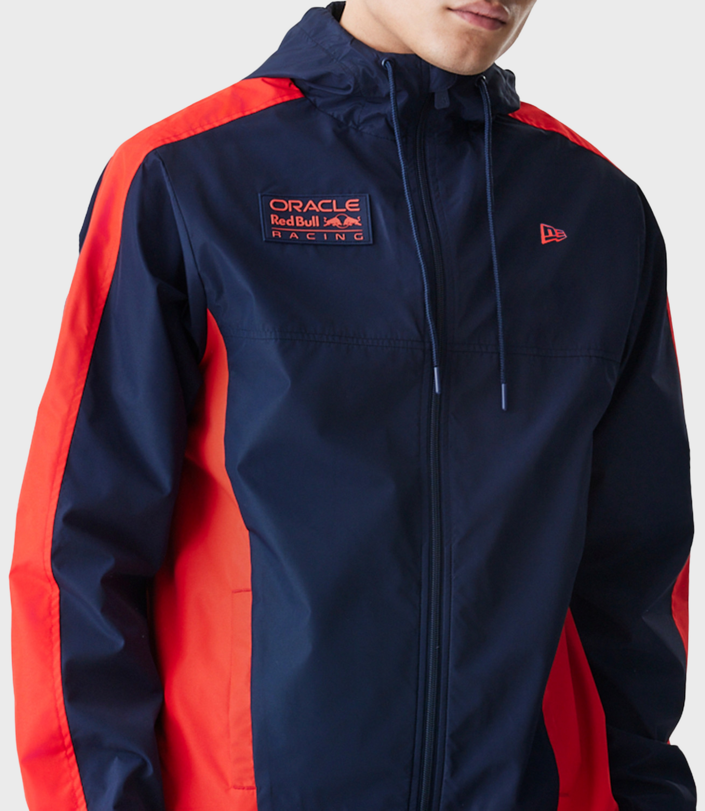 Front view of navy Red Bull Racing Windrunner jacket displaying Oracle Red Bull Racing chest patch