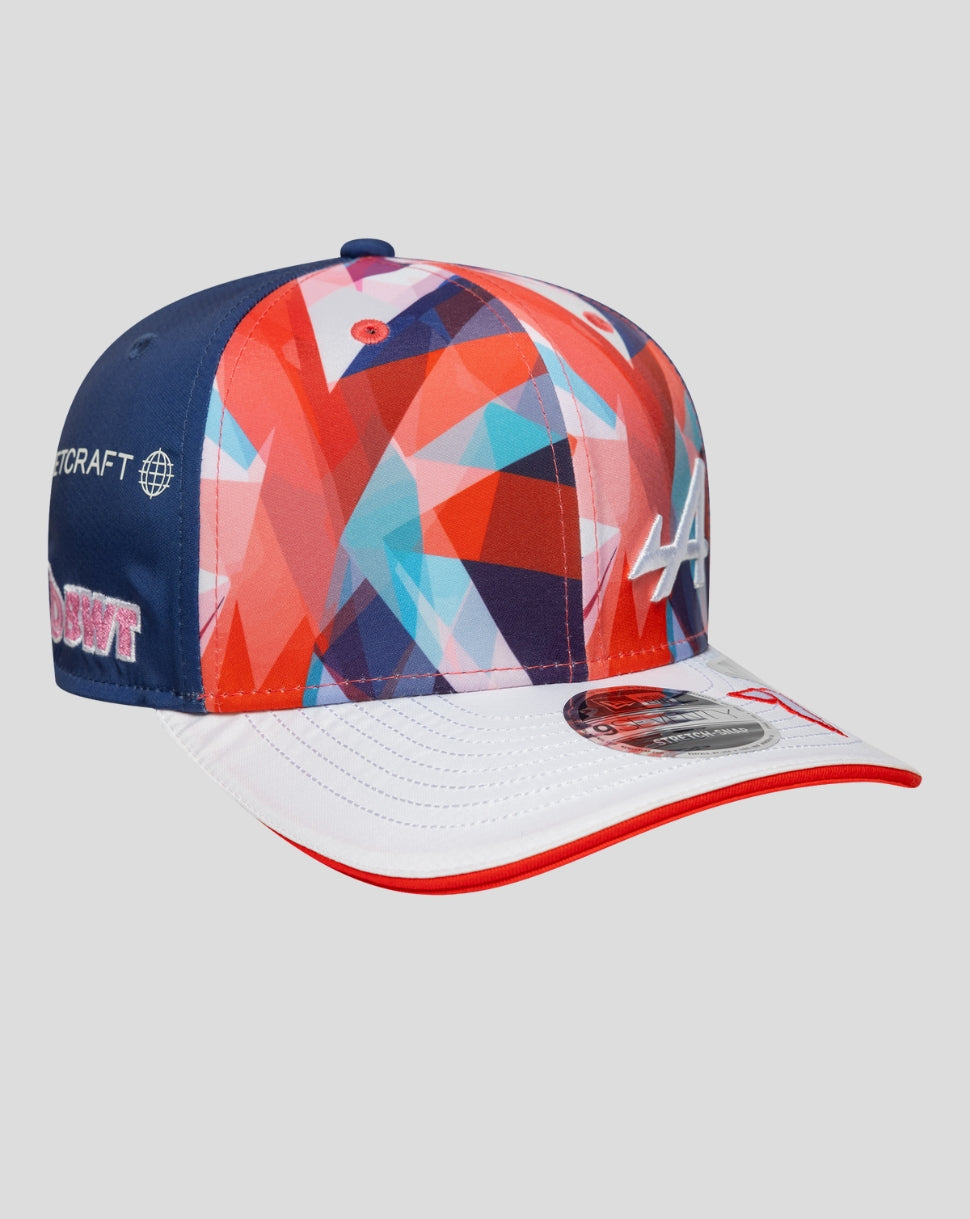 Side view of the New Era Alpine Silverstone cap showing blue crown and vibrant geometric panels with a white A logo