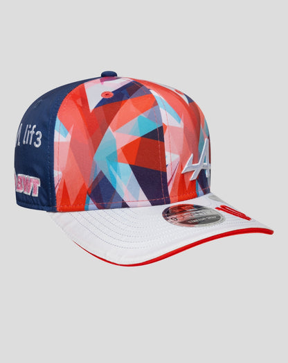 Three quarter side view of the Alpine Pierre Gasly 9Seventy cap showing blue back panel and multicolor crown
