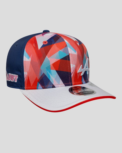Back and side view of New Era Alpine Silverstone 9Seventy cap with navy back panel and colorful crown