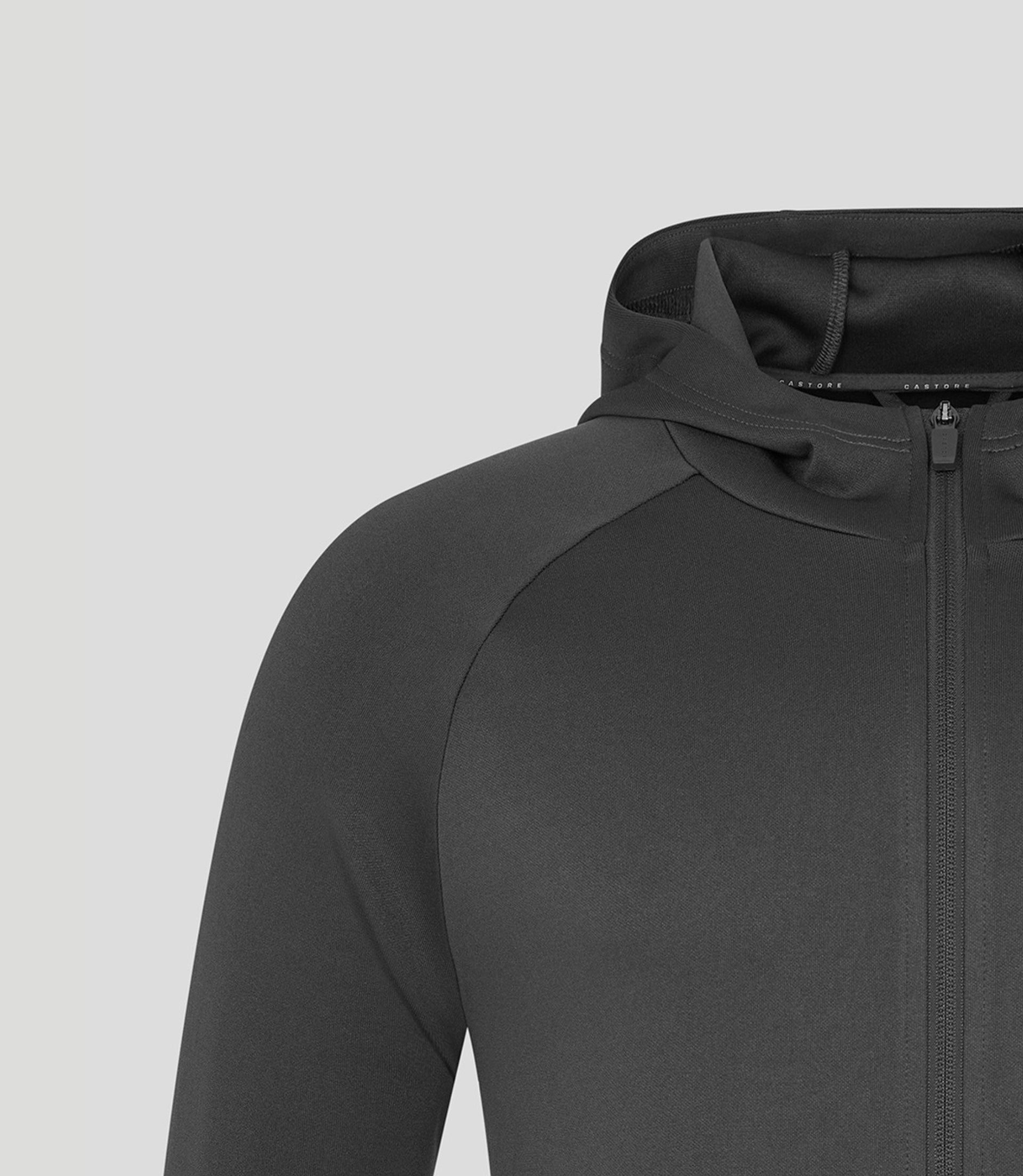 Close up of the grey dual brand full zip hoodie showing the hood and zipper detail