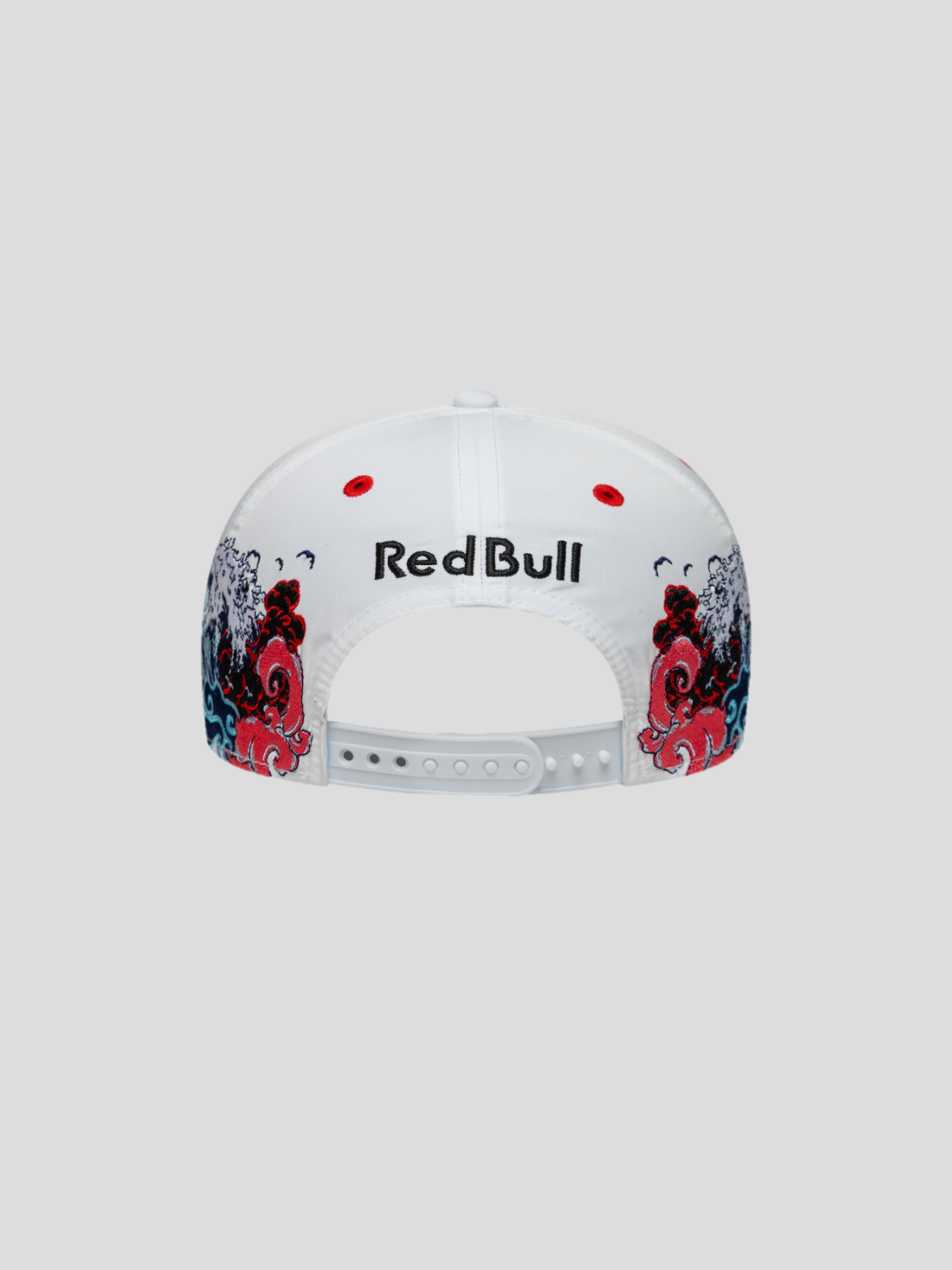 Rear view of white New Era 9Seventy cap with Red Bull Racing logo and colorful side artwork