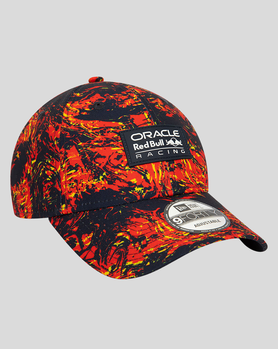 Fiery red and black print cap with Oracle Red Bull Racing logo patch on the front