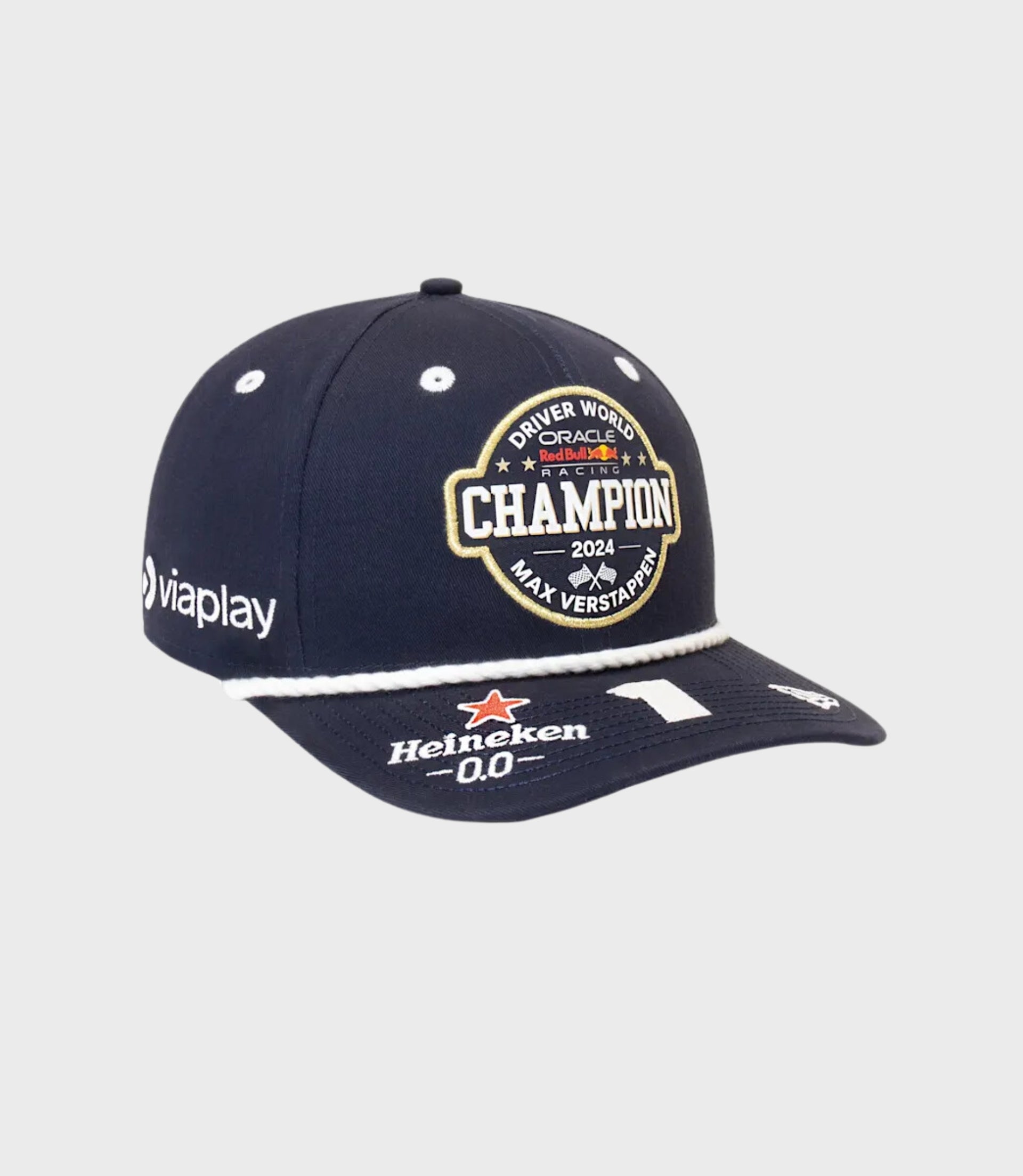 Navy cap with white rope trim and champion patch, brim displays Heineken and Viaplay logos.