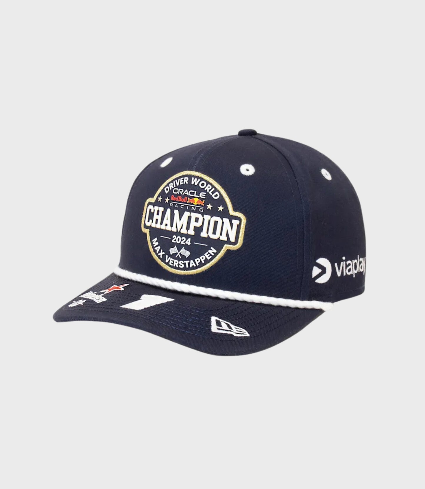 Navy New Era 9FIFTY cap with World Champion 2024 patch and Max Verstappen number on the visor.