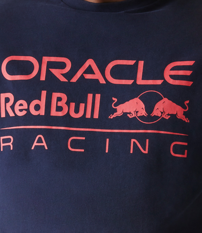 Close up of a navy oversized T shirt with the Oracle Red Bull Racing logo on the chest