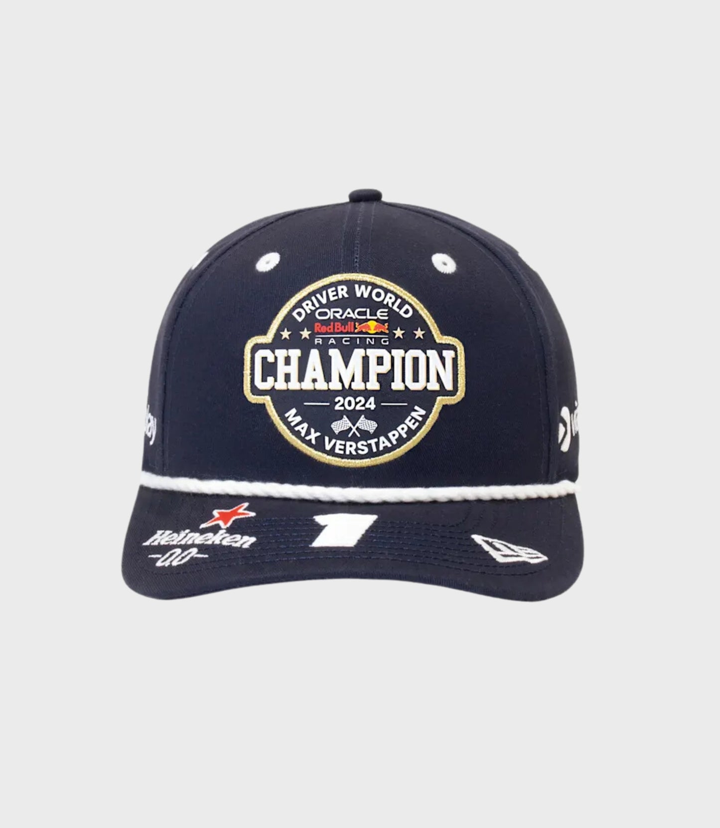Close up of navy cap front showing World Champion patch and Max Verstappen number on visor with Viaplay logo on the side.