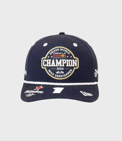 Close up of navy cap front showing World Champion patch and Max Verstappen number on visor with Viaplay logo on the side.