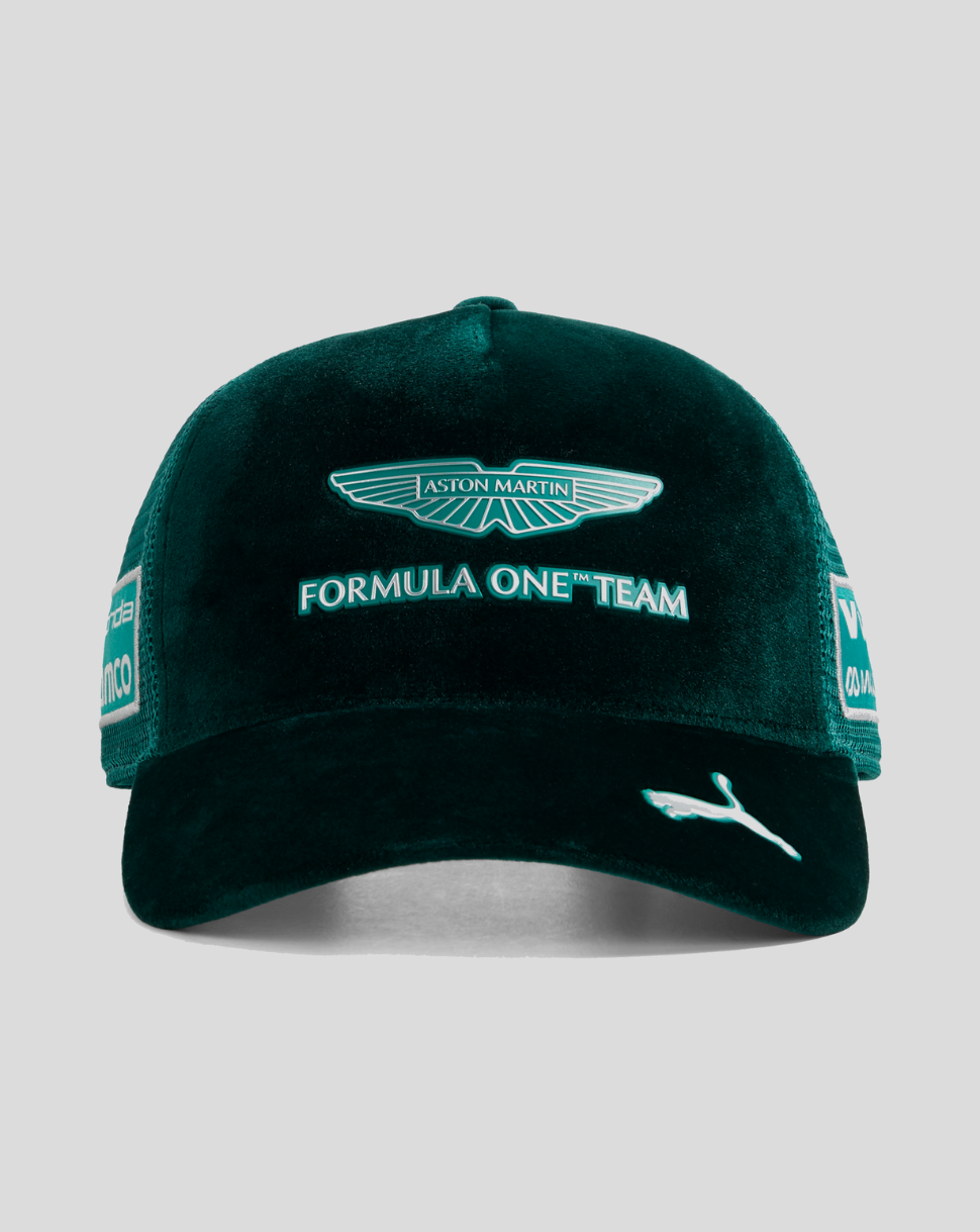 Velvet green Aston Martin Formula One Team cap with wings logo and Aramco patch; white Puma logo on brim.
