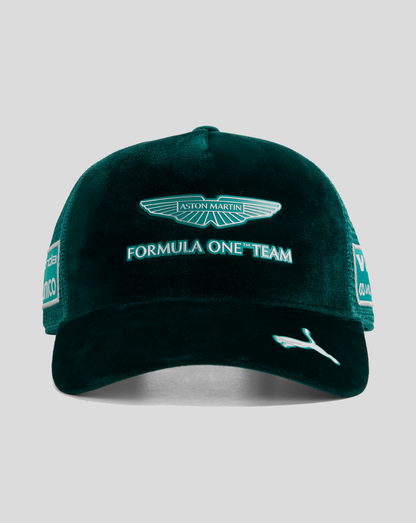 Velvet green Aston Martin Formula One Team cap with wings logo and Aramco patch; white Puma logo on brim.